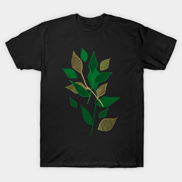 Green and Gold Leaf Foliage T-Shirt by JJLosh